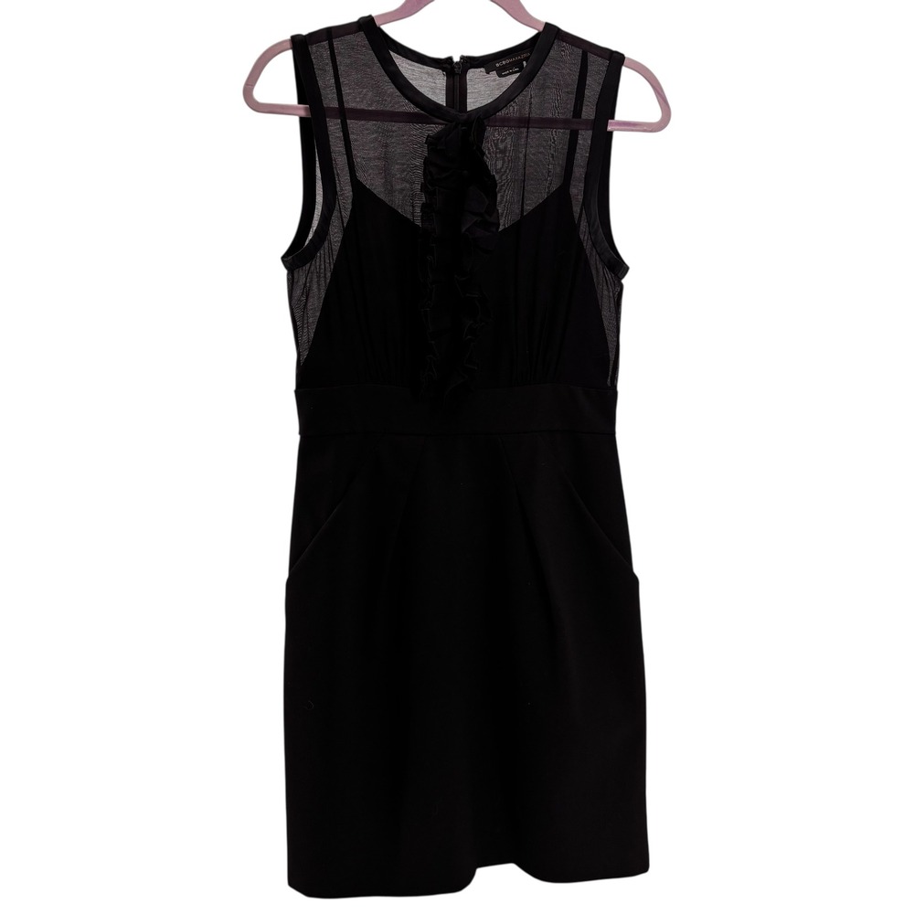BCBGMAXAZRIA Black Sheer Mesh Ruffle Front Sheath Dress Cocktail Size 4 Party‎